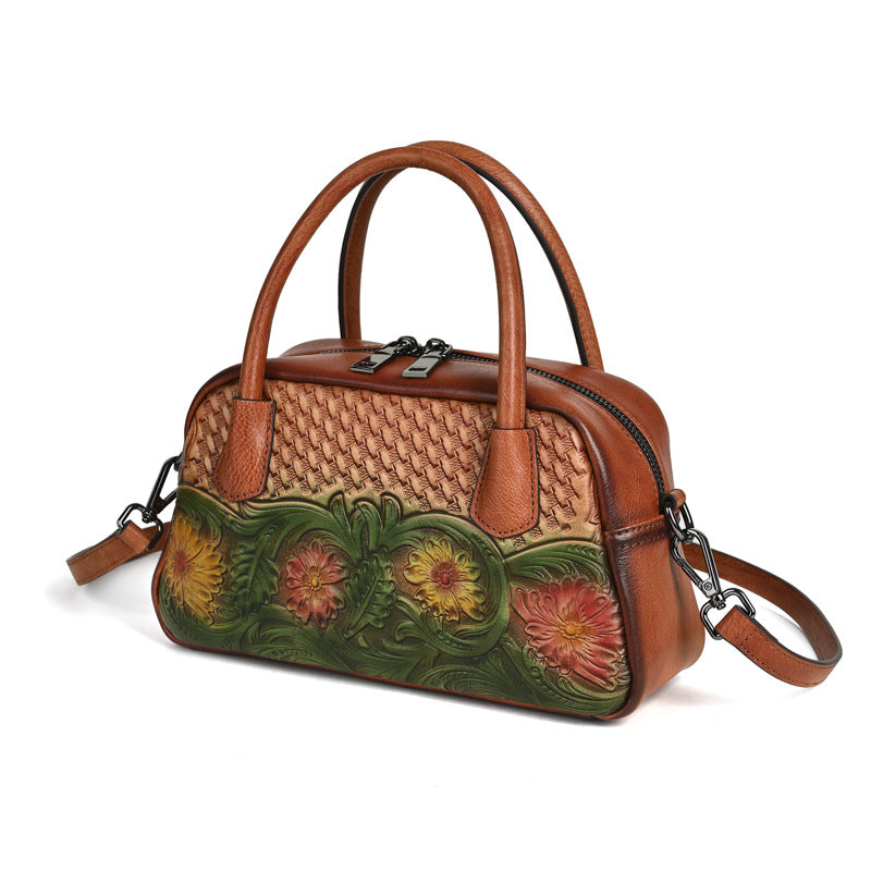 Ethnic-style Full-grain Leather Shoulder Bag For Women