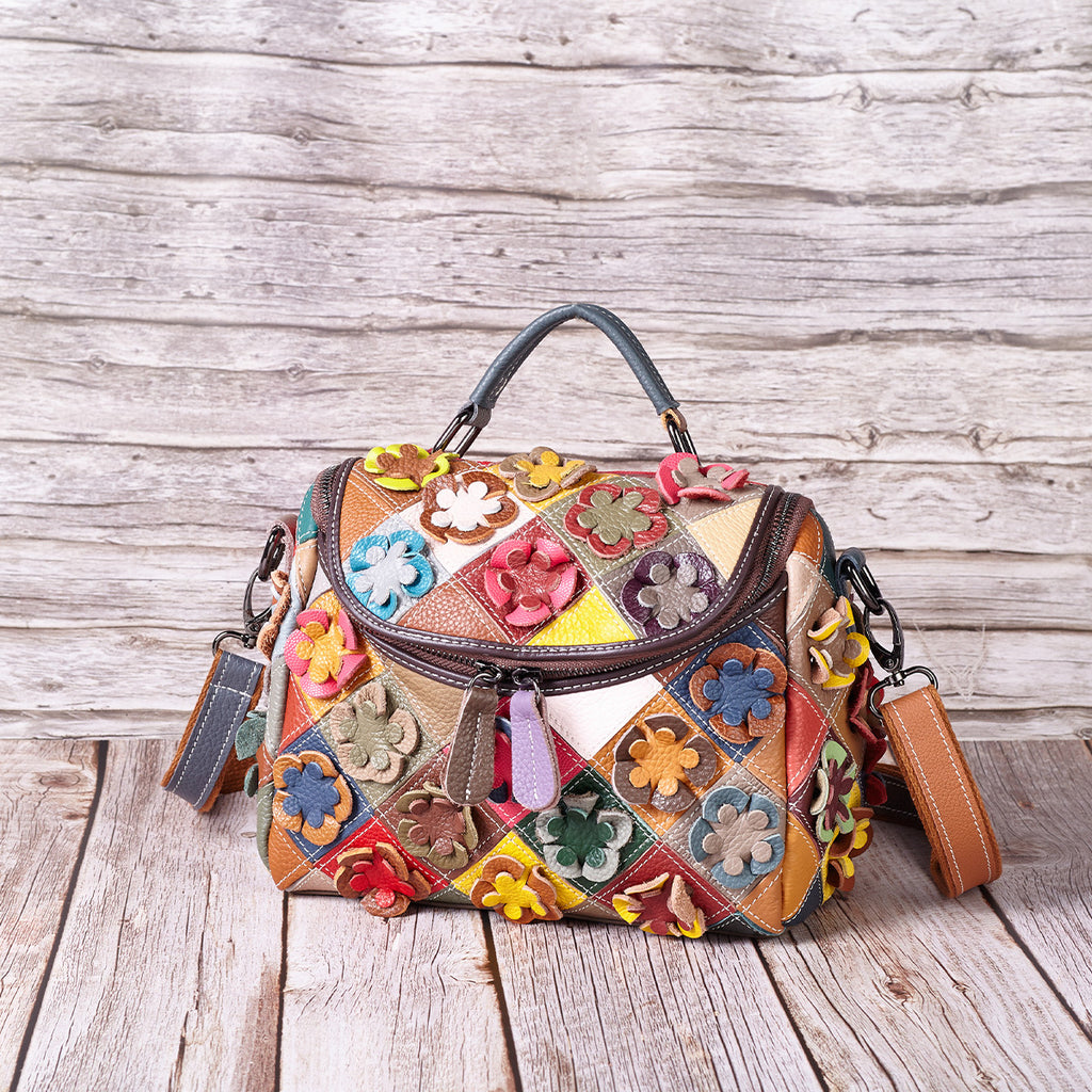 Full-grain Leather Handmade Floral  Patchwork  Shoulder Bag