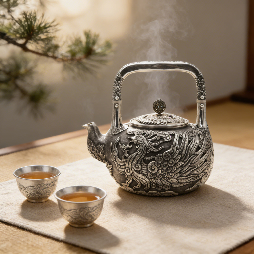 Pure 999 Fine Silver Hand-Carved Fine Silver Teapot Featuring an Intricate Phoenix