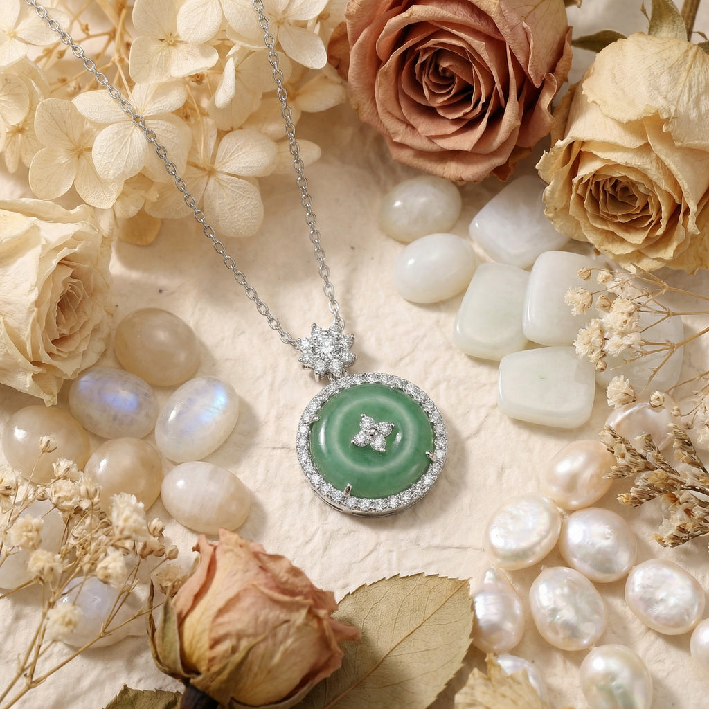 925 Sterling Silver Elegant Circular Green Jadeite Pendant Necklace