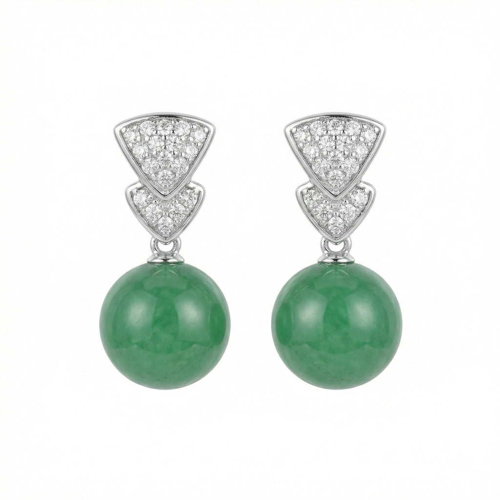 925 Sterling Silver Elegant Green Jadeite Round Bead Earrings