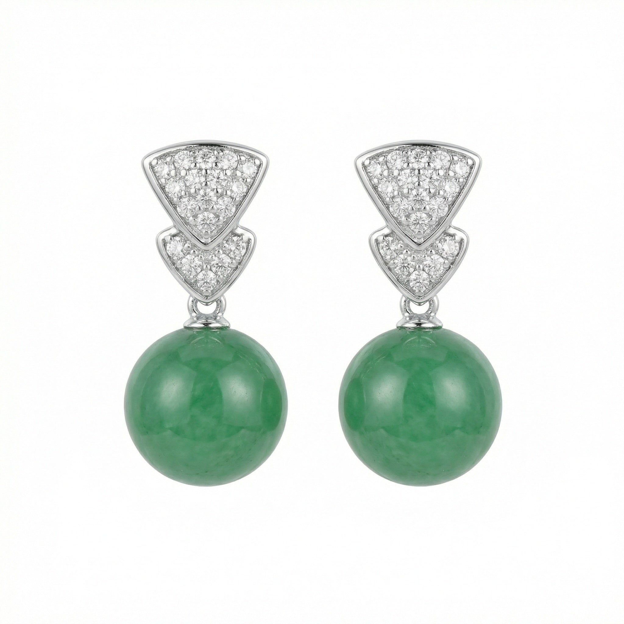 925 Sterling Silver Elegant Green Jadeite Round Bead Earrings