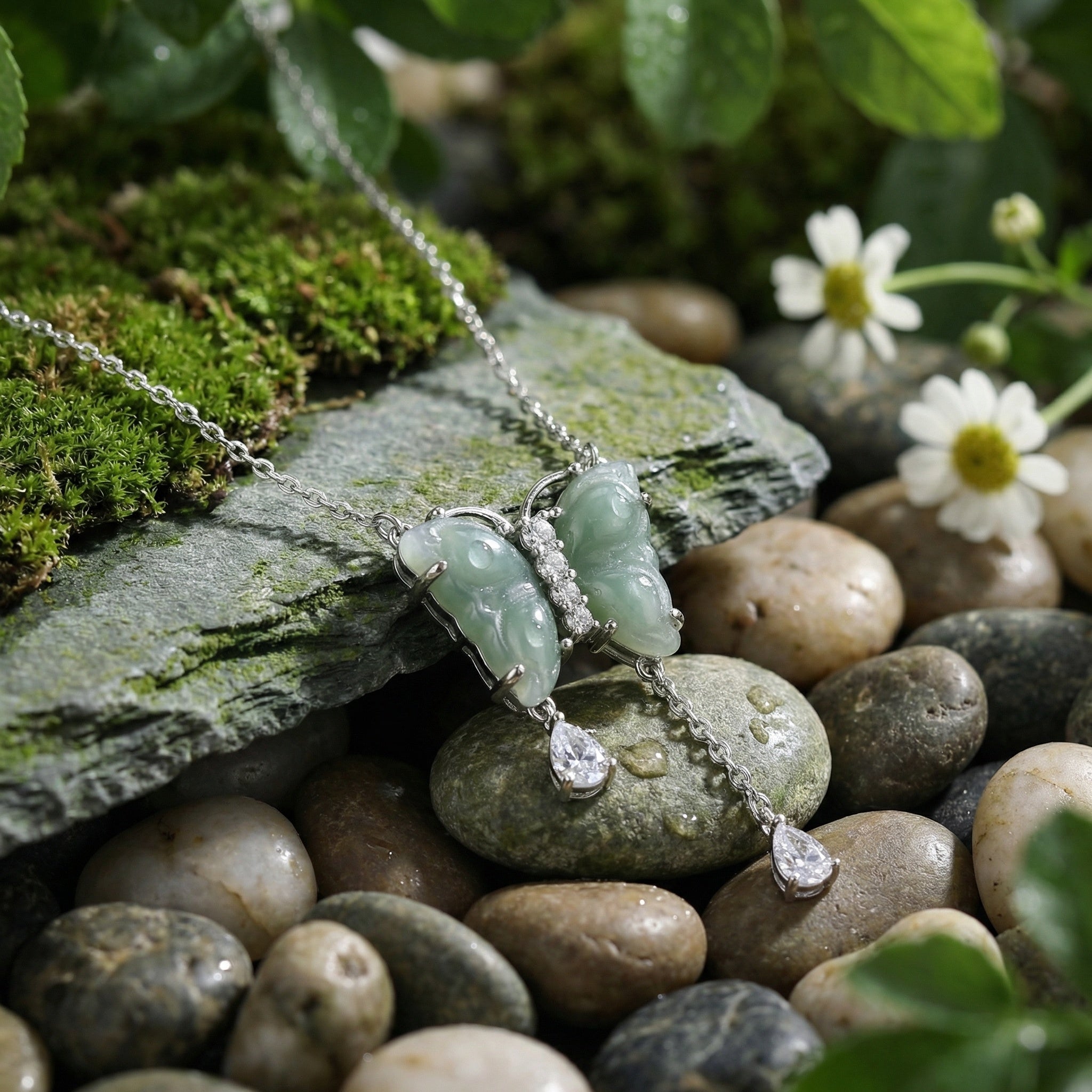 925 Sterling Silver Elegant Green Jade Butterfly Pendant Necklace