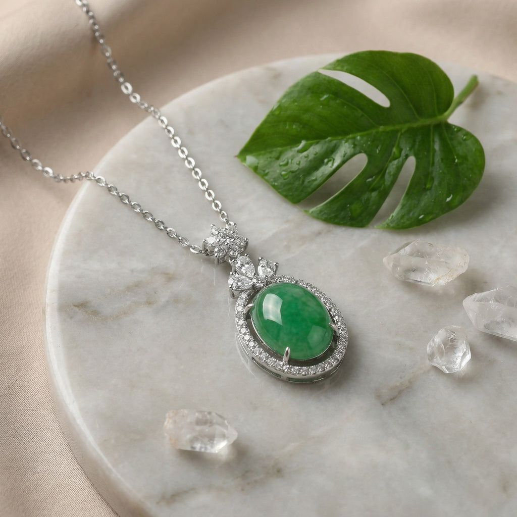 925 Sterling Silver Elegant Oval Green Jadeite Pendant