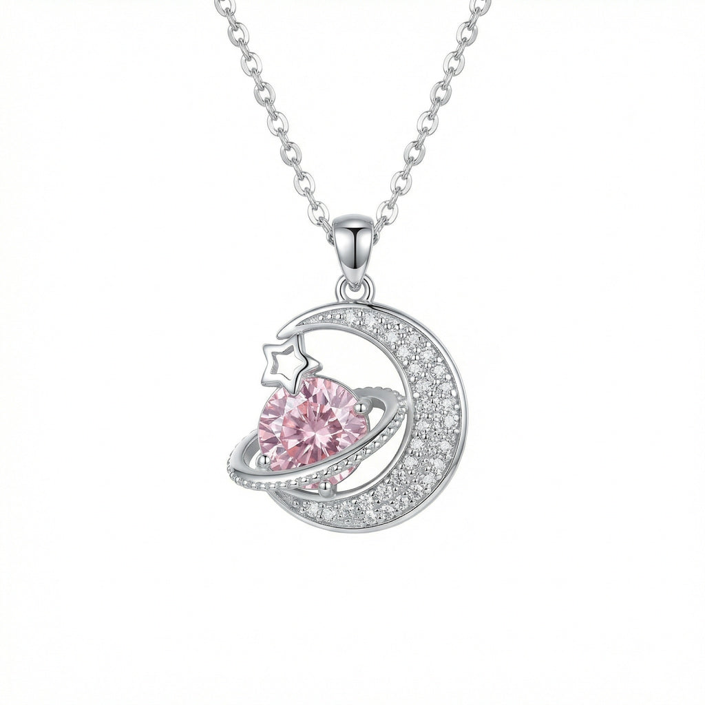 925 Sterling Silver Celestial Crescent Moon and Sparkling Pink Planet