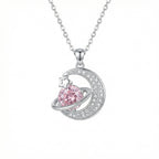 925 Sterling Silver Celestial Crescent Moon Pink Planet
