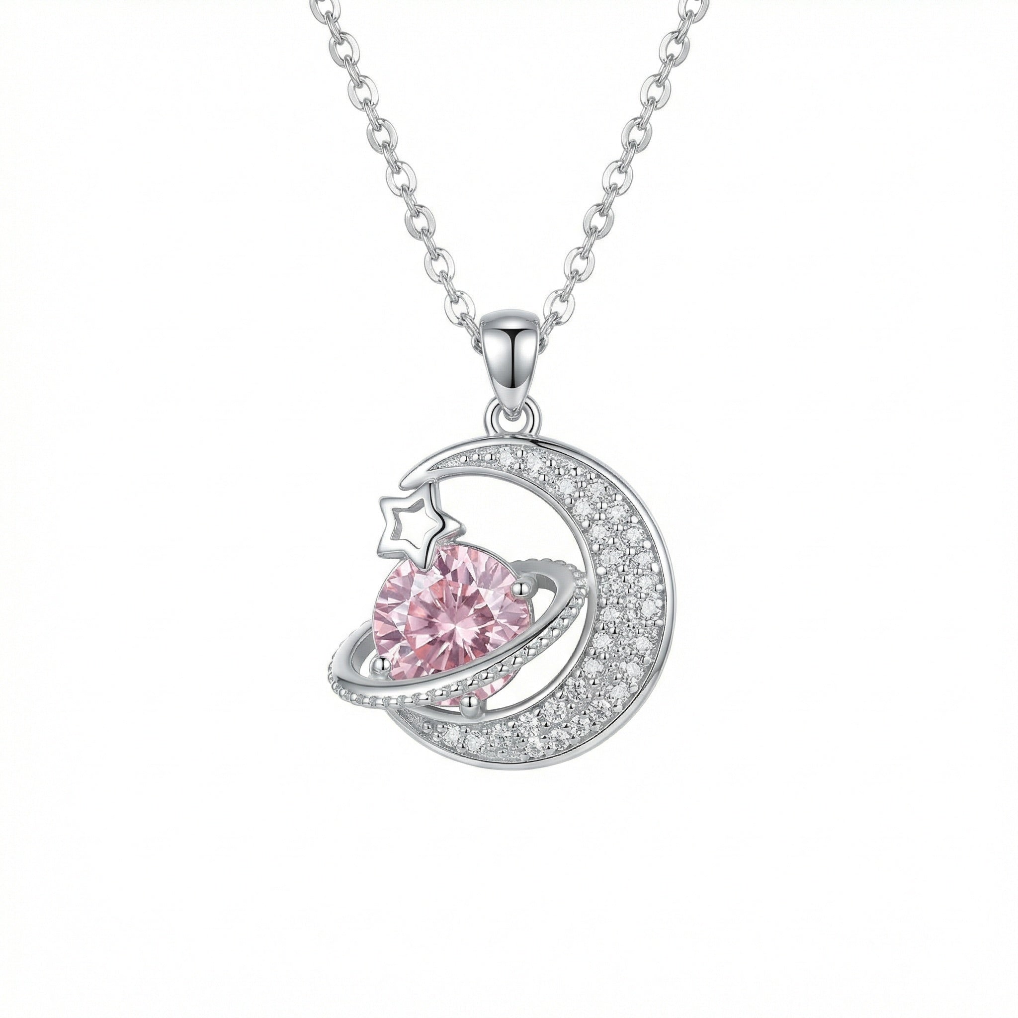 925 Sterling Silver Celestial Crescent Moon and Sparkling Pink Planet