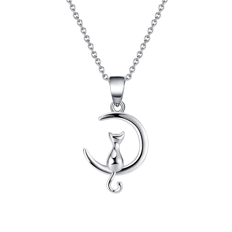 925 Sterling Silver Elegant  Cat on Crescent Moon