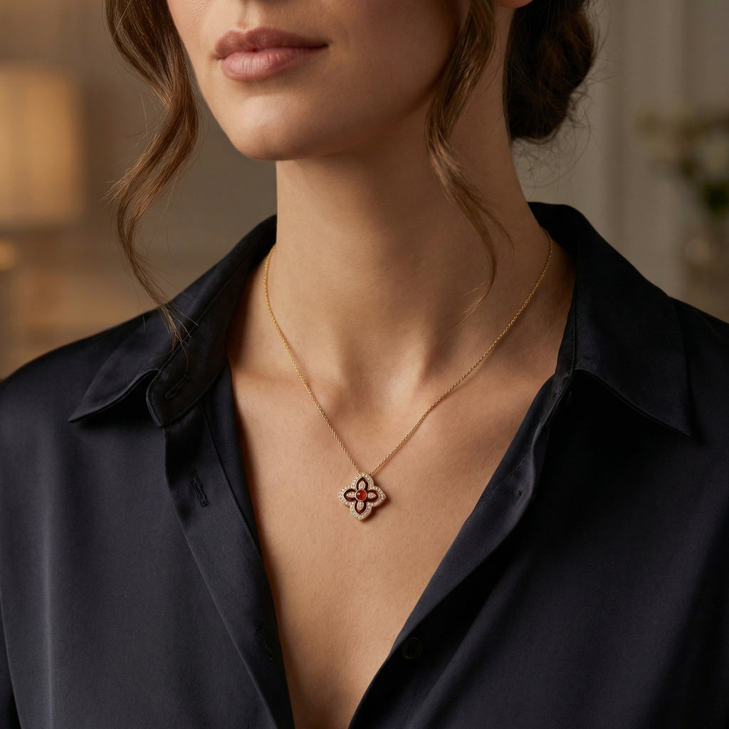 925 Sterling Silver Radiant Red Enamel and Diamondt Necklace