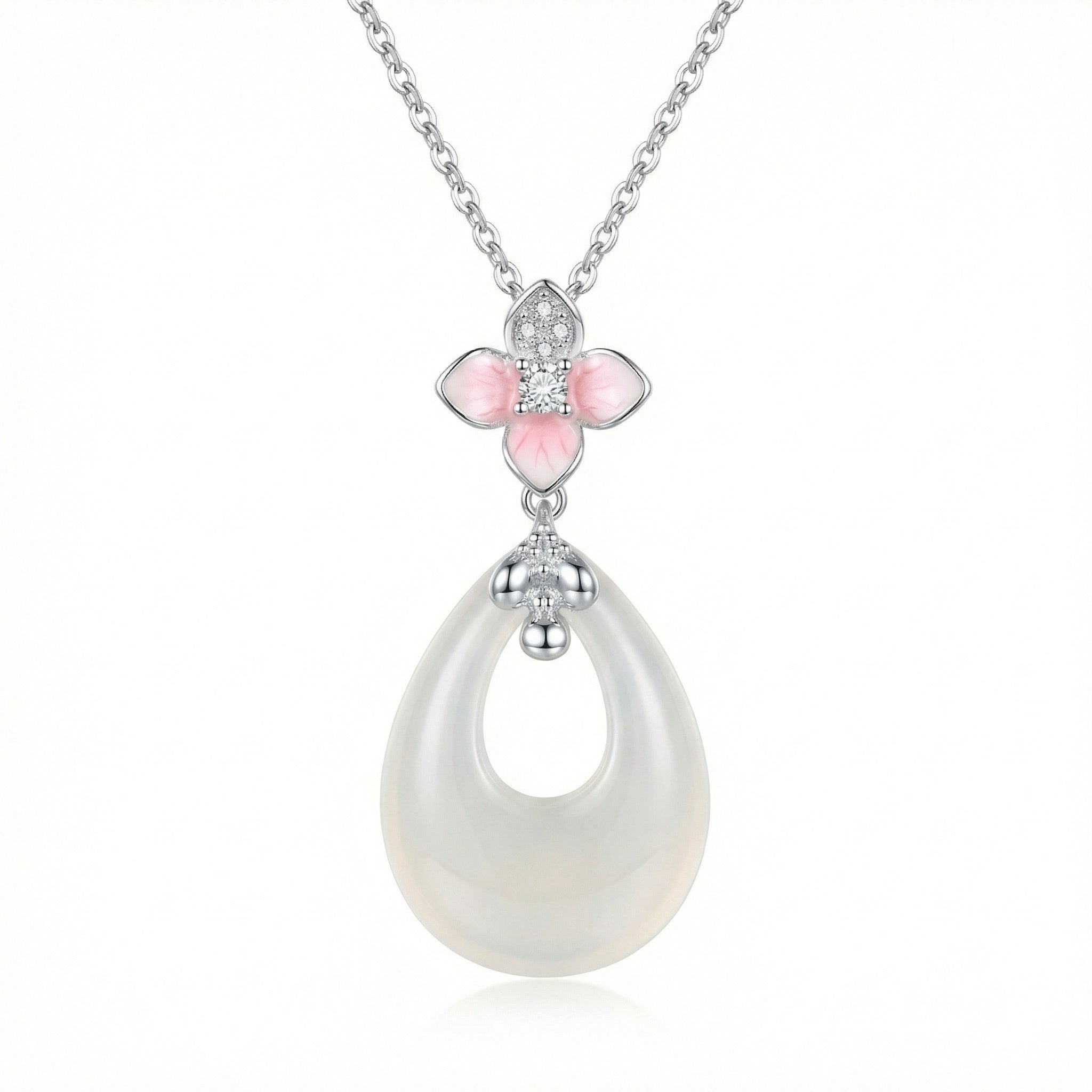 925 Sterling Silver Elegant Cherry Blossom and White Teardrop