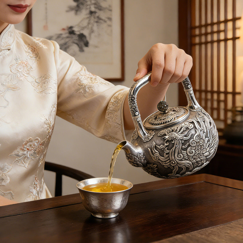 Pure 999 Fine Silver Hand-Carved Fine Silver Teapot Featuring an Intricate Phoenix