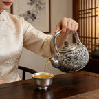 Pure 999 Fine Silver Hand-Carved Fine Silver Teapot Featuring an Intricate Phoenix