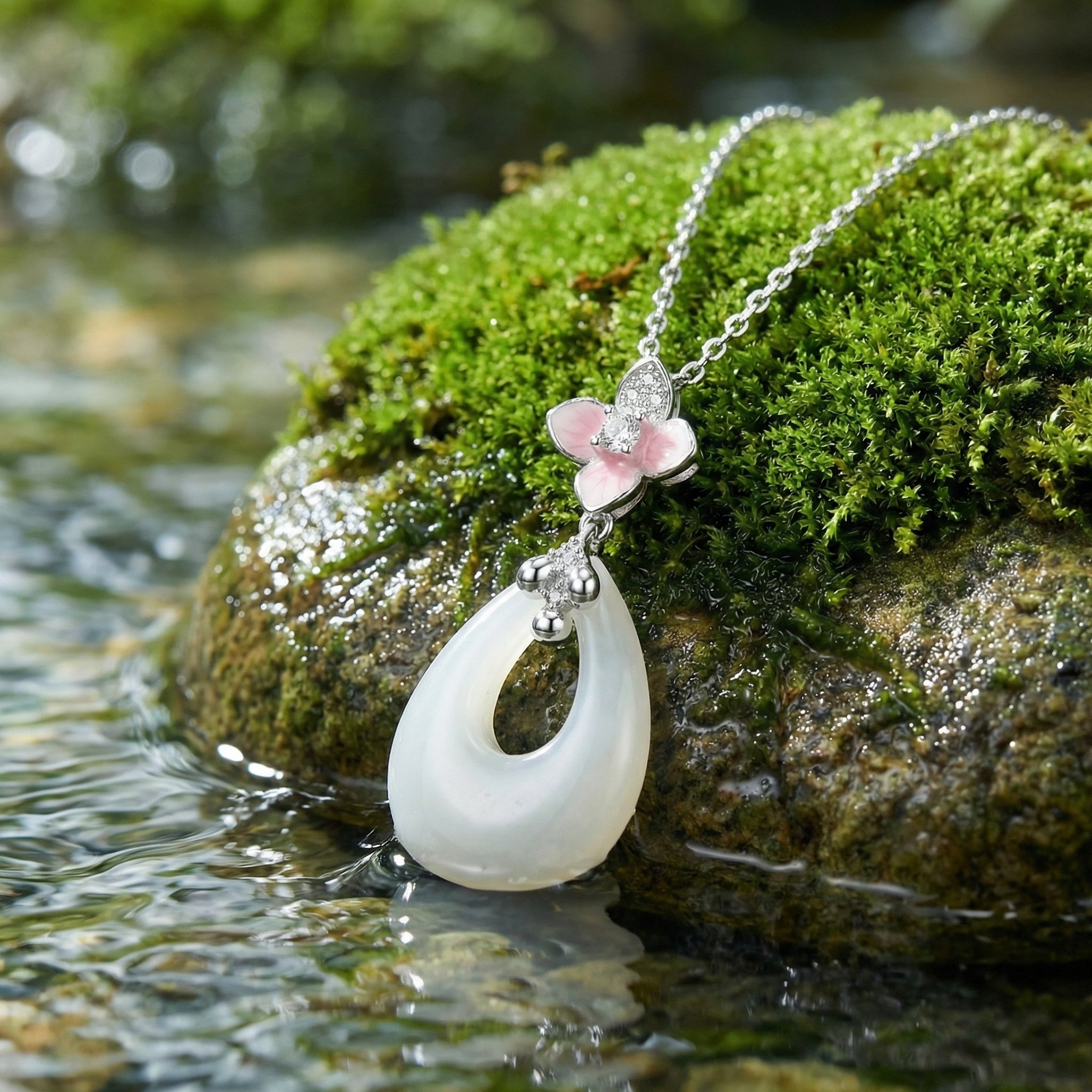 925 Sterling Silver Elegant Cherry Blossom and White Teardrop