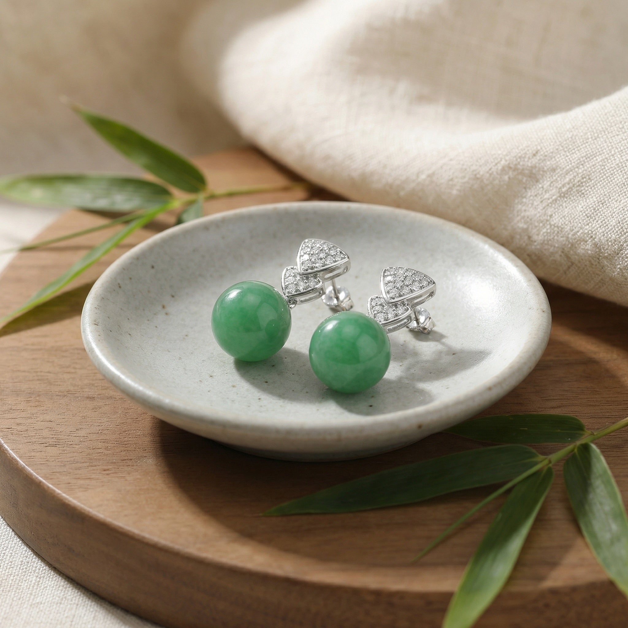 925 Sterling Silver Elegant Green Jadeite Round Bead Earrings