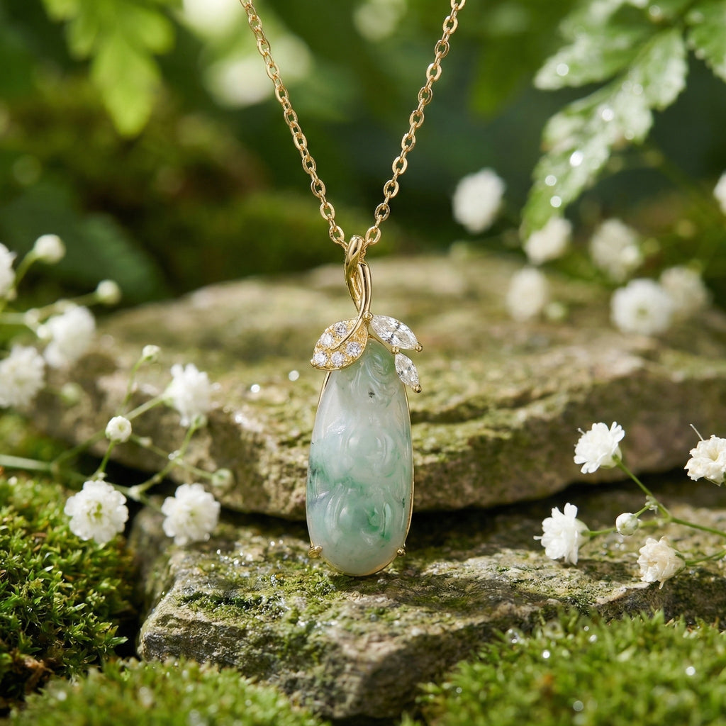 925 Sterling Silver Exquisite Carved Green Jadeite Pendant