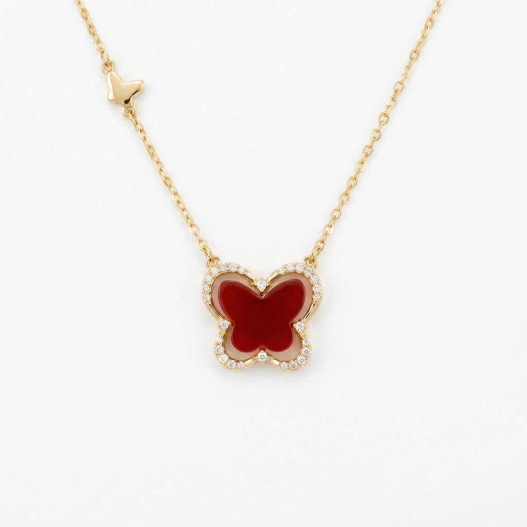 925 Sterling Silver Red Carnelian Butterfly Pendant Necklace