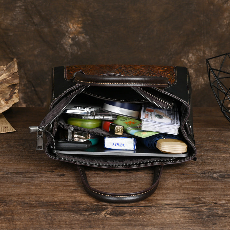 Slanted-top Full-grain Leather  Bag With Leather Carving