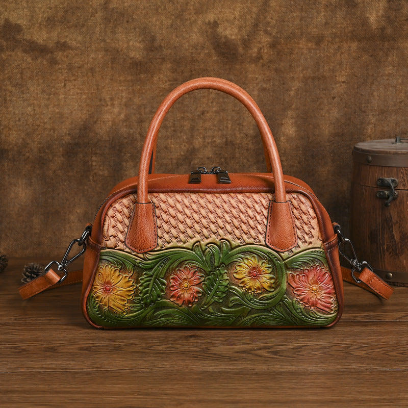 Ethnic-style Full-grain Leather Shoulder Bag For Women