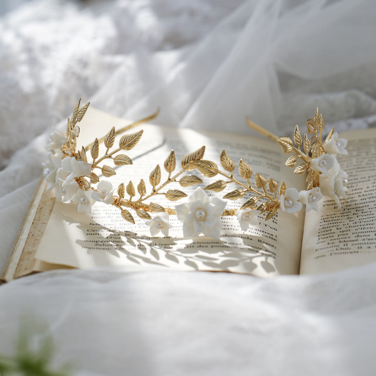 Hair Band Gold Leaf Silver Leaf White Flower