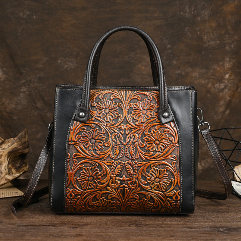 Slanted-top Full-grain Leather  Bag With Leather Carving