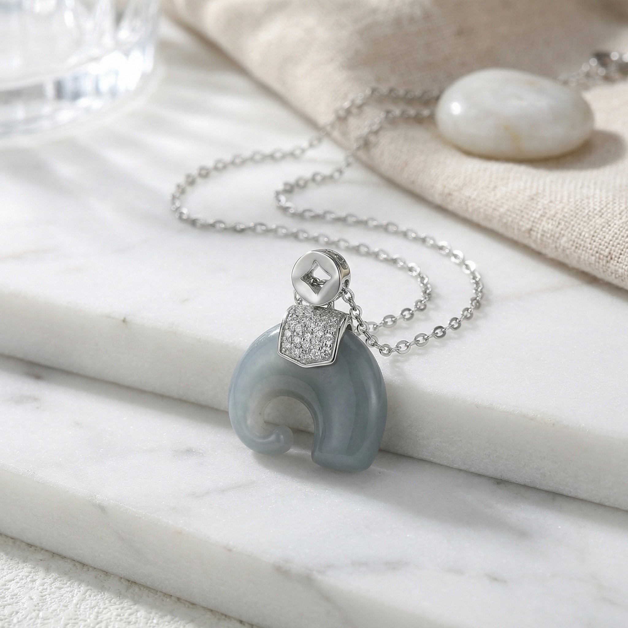 925 Sterling Silver Grey Jade Elephant Pendant Necklace