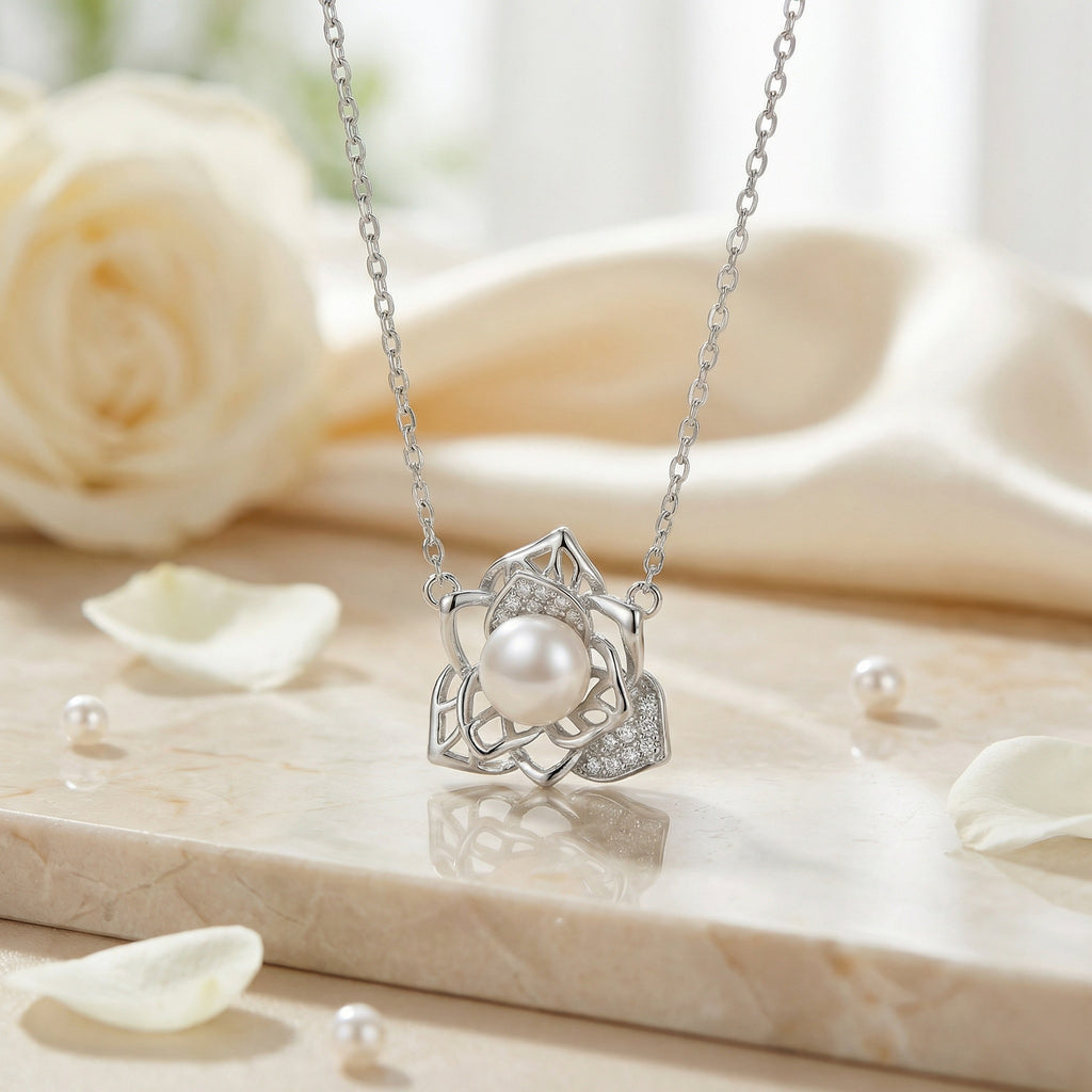 925 Sterling Silver Elegant Lotus Floral Necklace