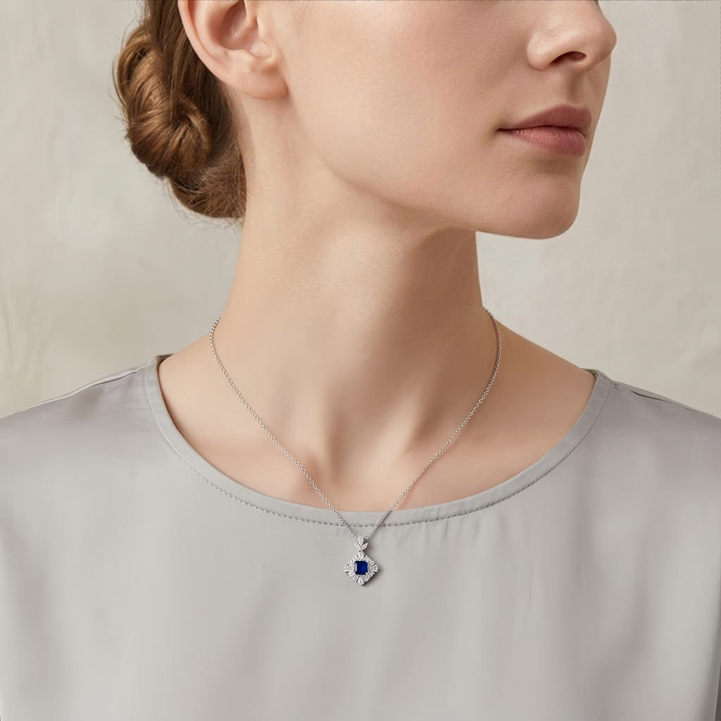 925 Sterling Silver Square-Cut Sapphire Necklace