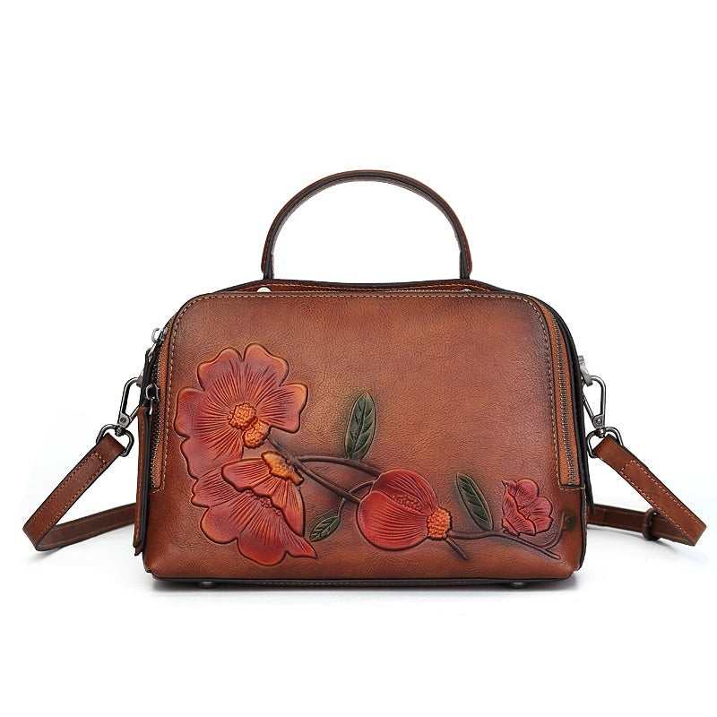 Vintage Cowhide Pillow Bag With Embossed Detailing