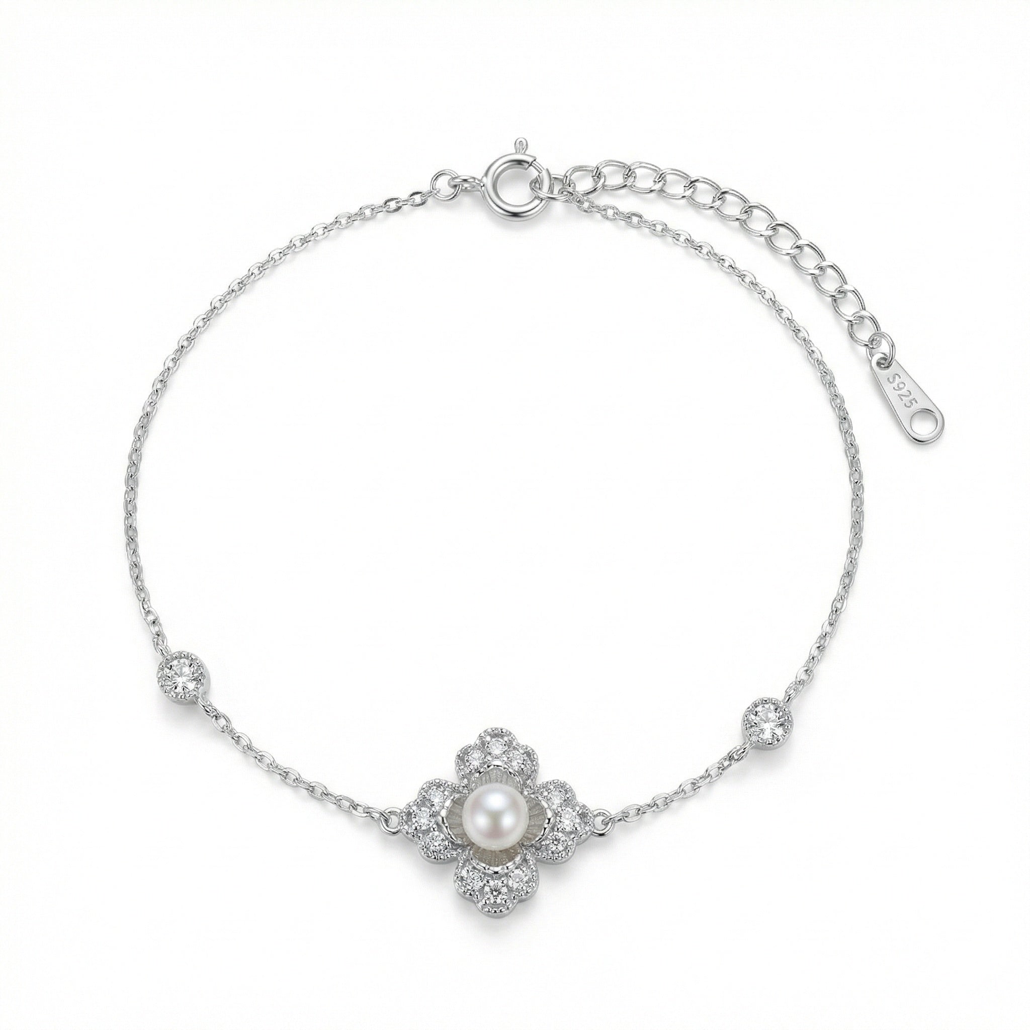 925 Sterling Silver r Pearl Flower Bracelet