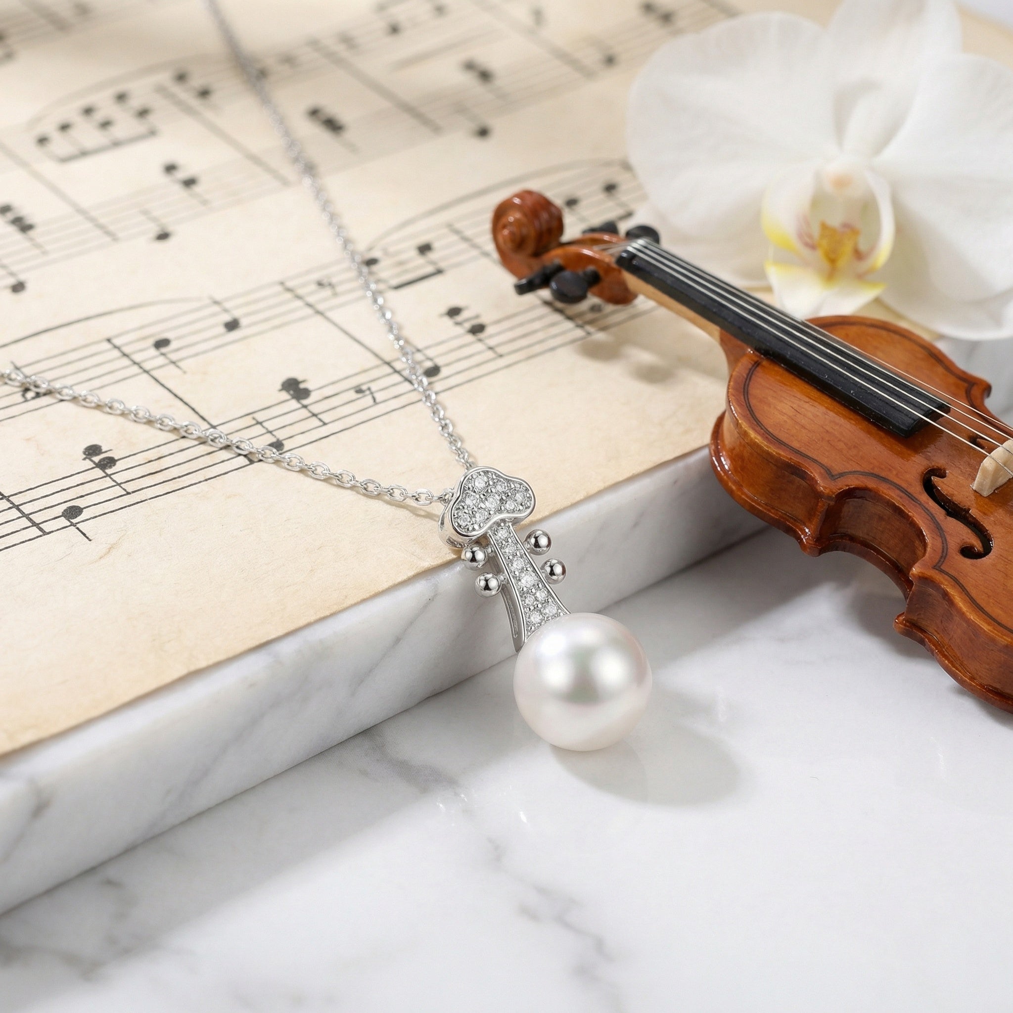 925 Sterling Silver Elegant Violin Scroll Pearl Pendant Necklace