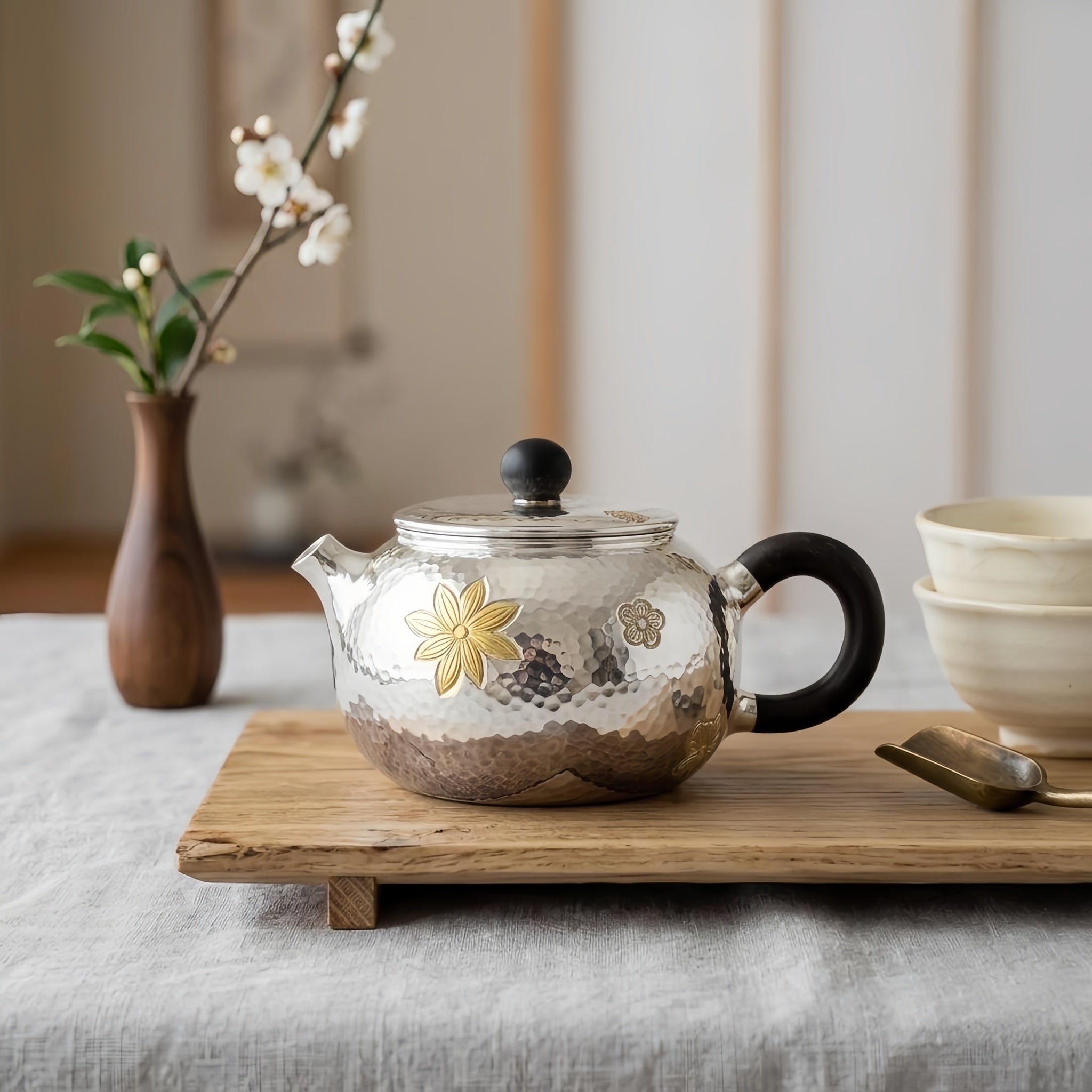 Pure 999 Fine Silver Handcrafted Silver Teapot with Radiant Floral Motifs