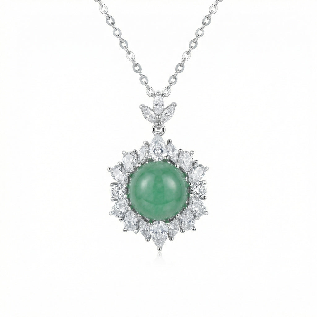 925 Sterling Silver Elegant Green Jade Cabochon and Sparkling Crystal Halo Pendant Necklace