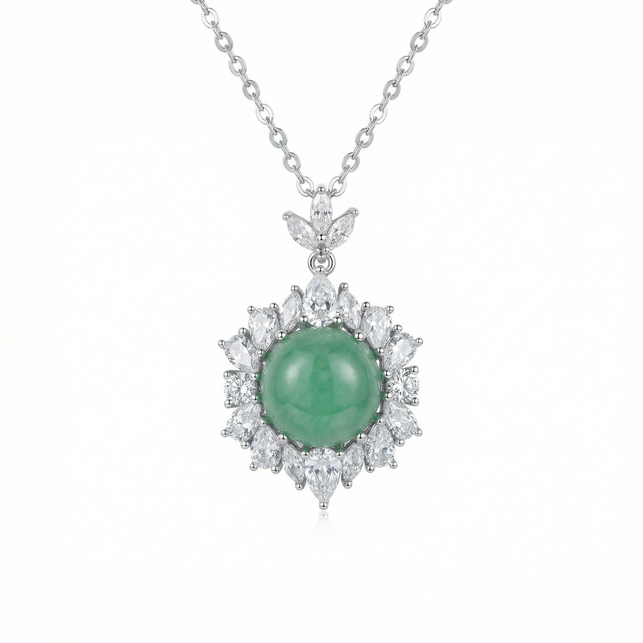 925 Sterling Silver Elegant Green Jade Cabochon and Sparkling Crystal Halo Pendant Necklace