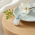 925 Sterling Silver Elegant White Jade and Blue Enamel Ruyi Pendant Necklace