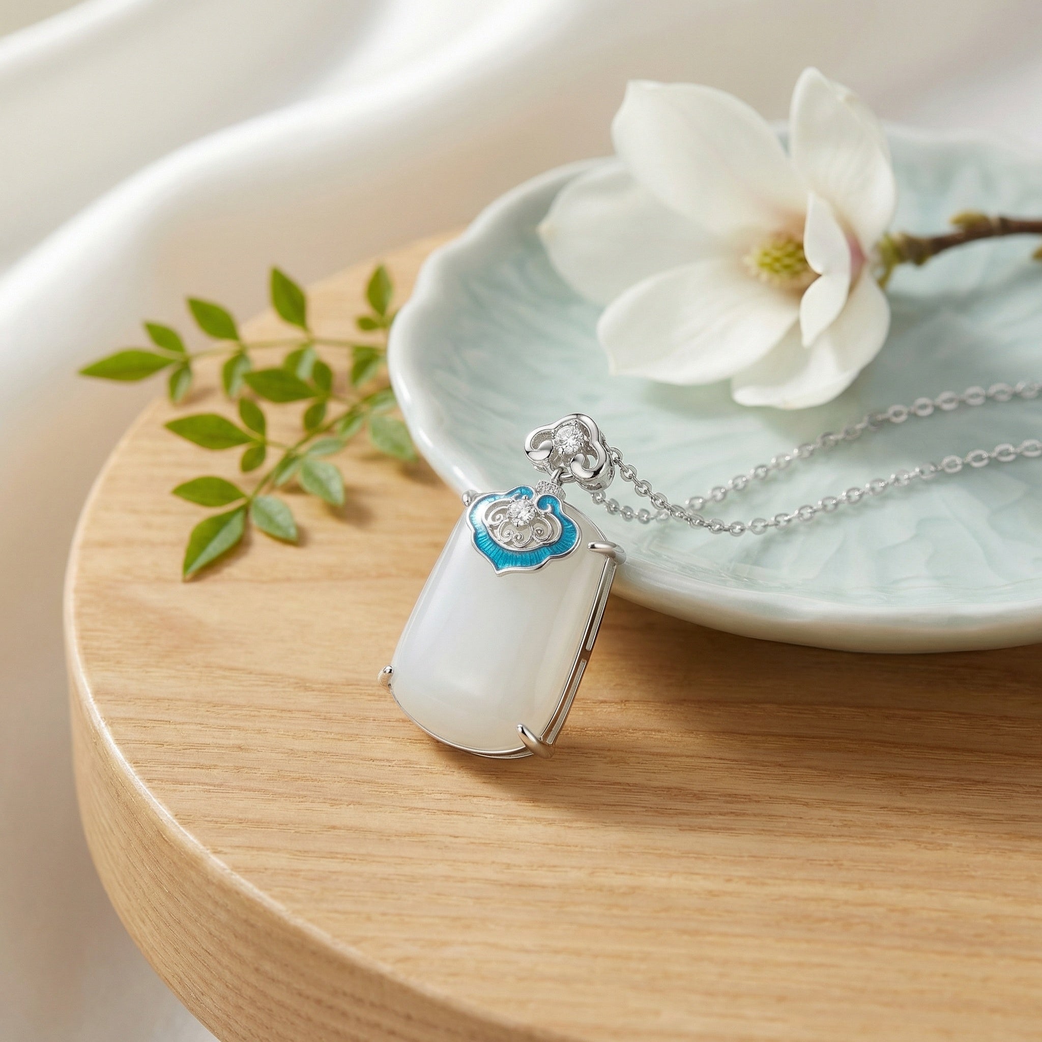 925 Sterling Silver Elegant White Jade and Blue Enamel Ruyi Pendant Necklace