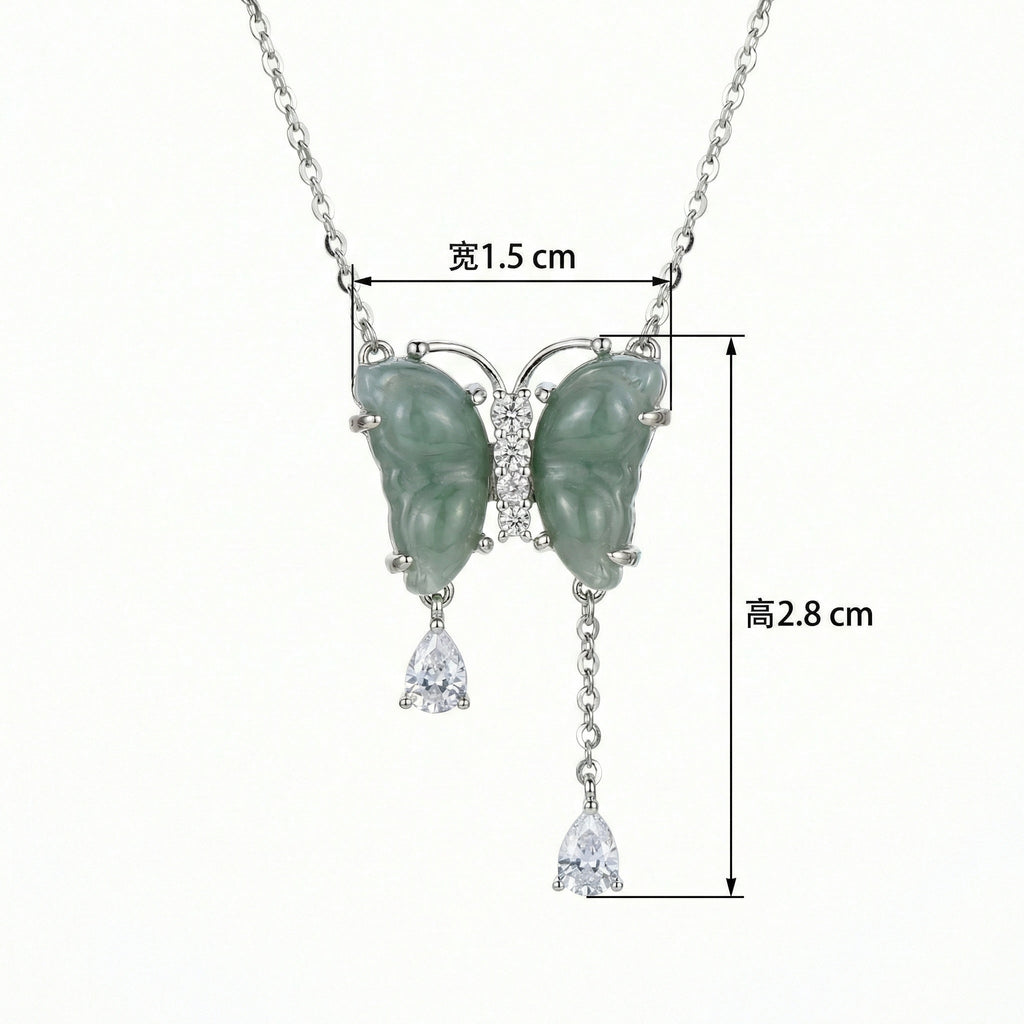 925 Sterling Silver Elegant Green Jade Butterfly Pendant Necklace