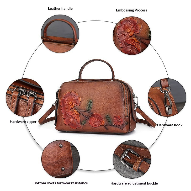 Vintage Cowhide Pillow Bag With Embossed Detailing