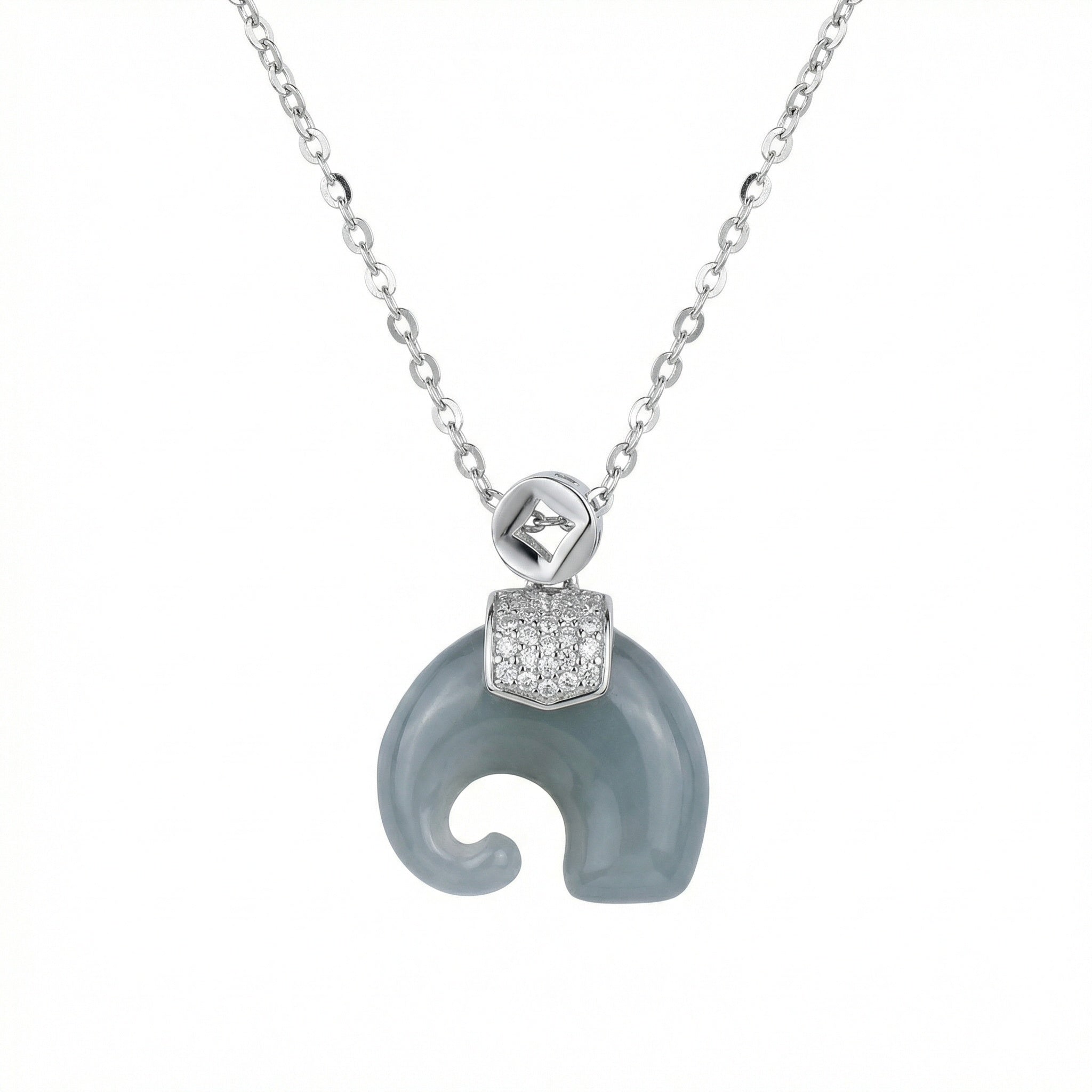 925 Sterling Silver Grey Jade Elephant Pendant Necklace