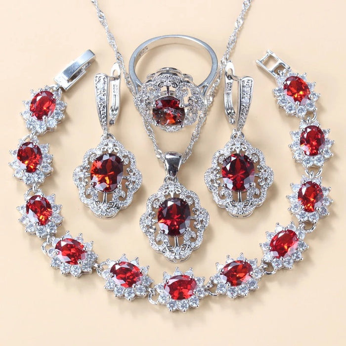 Garnet Cubic Zirconia Earrings Pendant Necklace Bracelet Ring