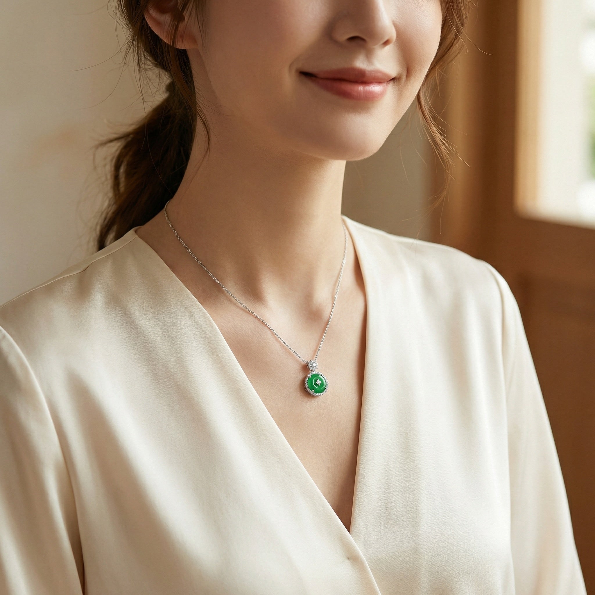 925 Sterling Silver Elegant Circular Green Jadeite Pendant Necklace