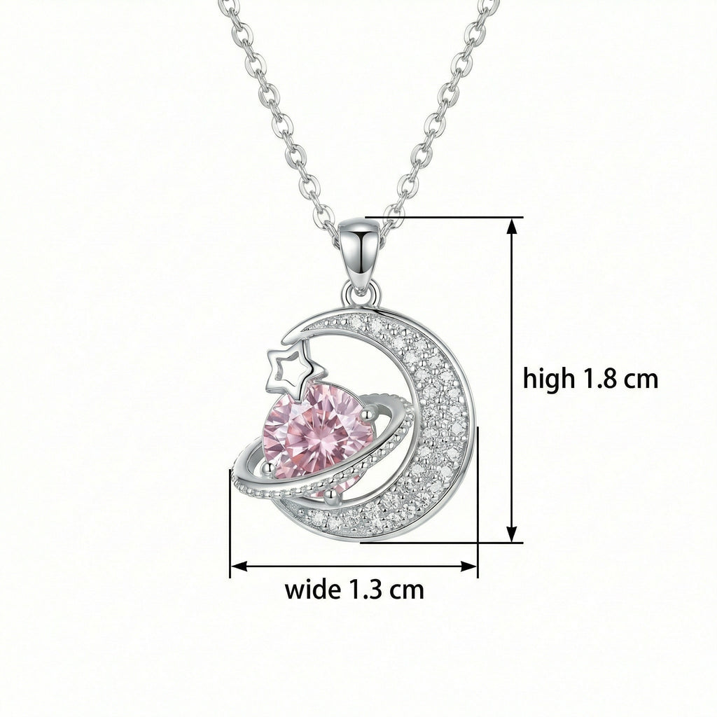 925 Sterling Silver Celestial Crescent Moon and Sparkling Pink Planet