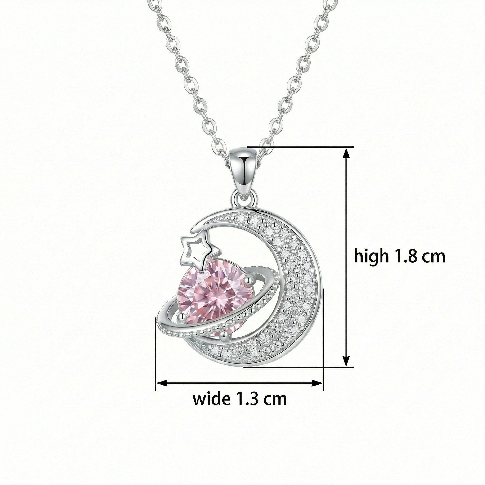 925 Sterling Silver Celestial Crescent Moon and Sparkling Pink Planet