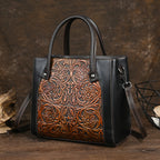 Slanted-top Full-grain Leather  Bag With Leather Carving