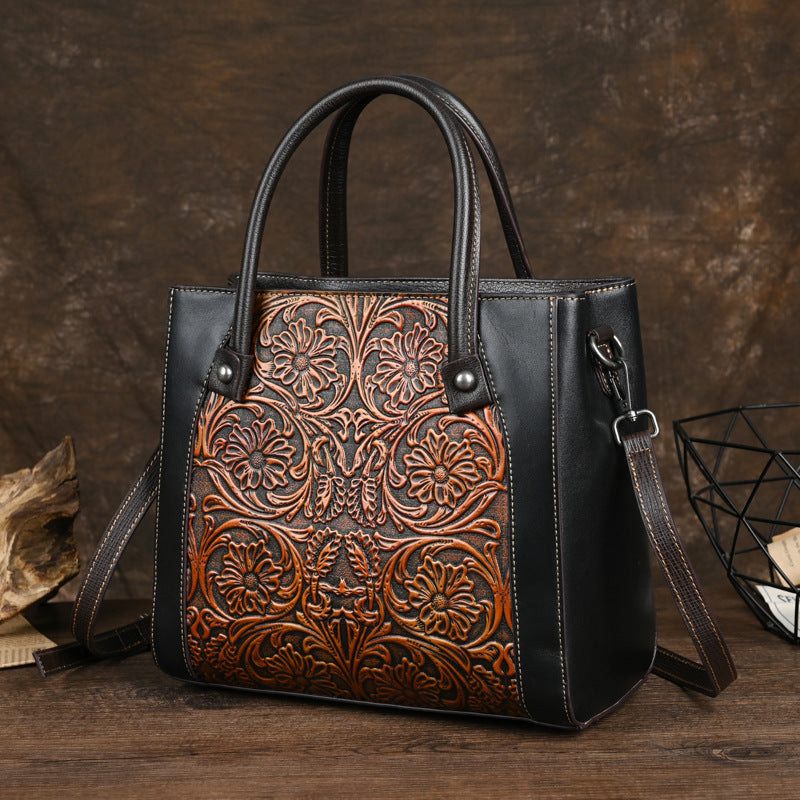 Slanted-top Full-grain Leather  Bag With Leather Carving