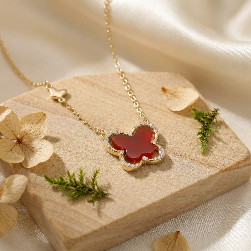 925 Sterling Silver Red Carnelian Butterfly Pendant Necklace