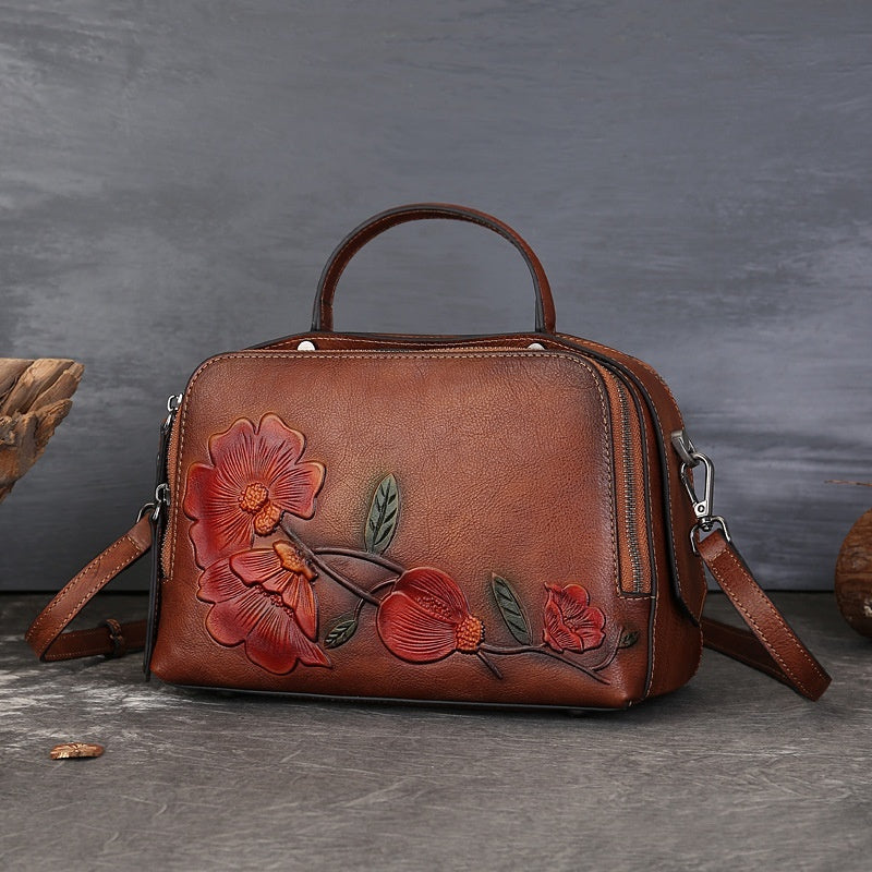 Vintage Cowhide Pillow Bag With Embossed Detailing