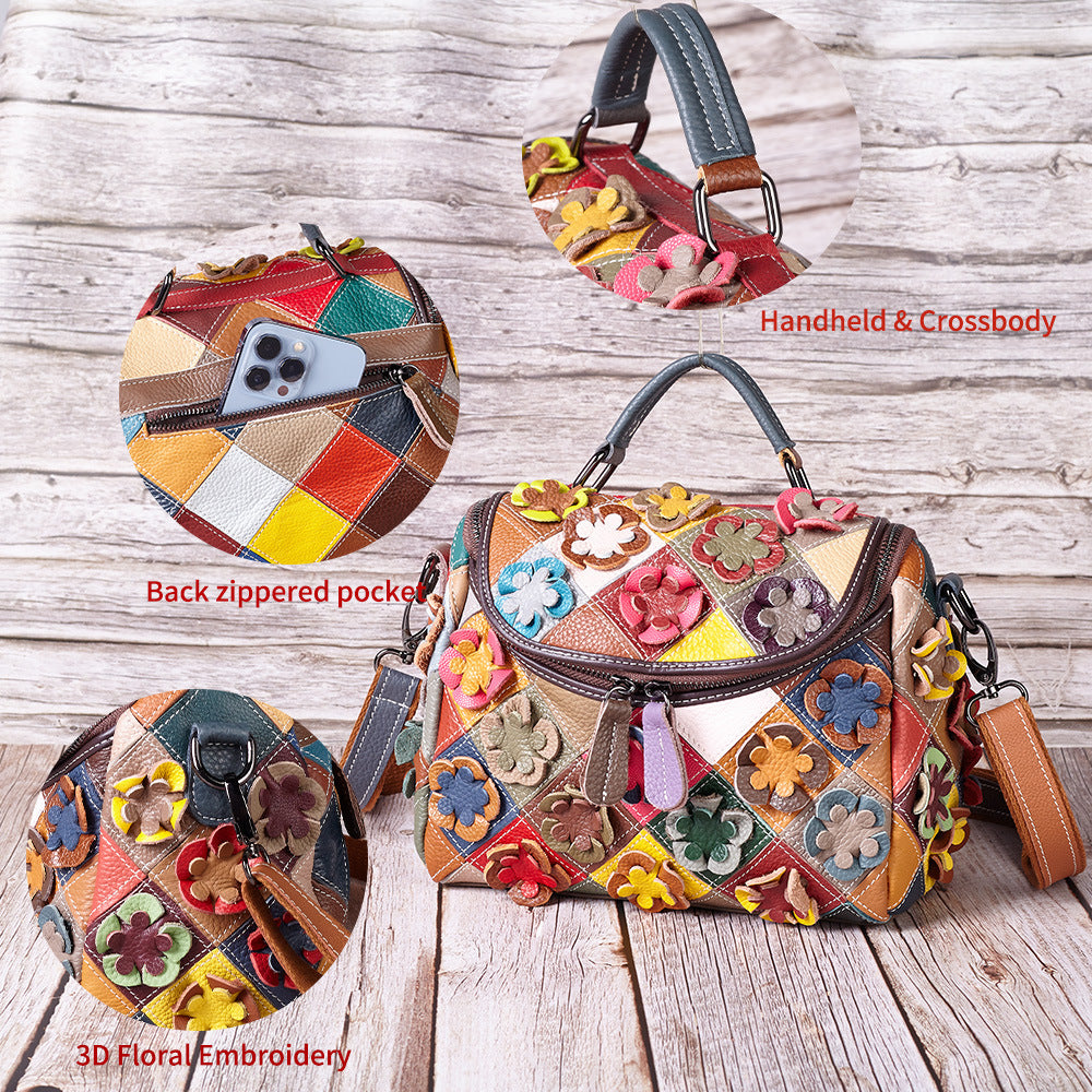 Full-grain Leather Handmade Floral  Patchwork  Shoulder Bag