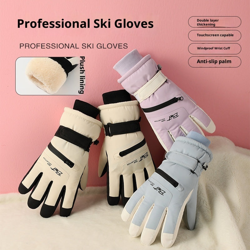 Fleece-lined Thickened Men's And Women's Skiing Gloves