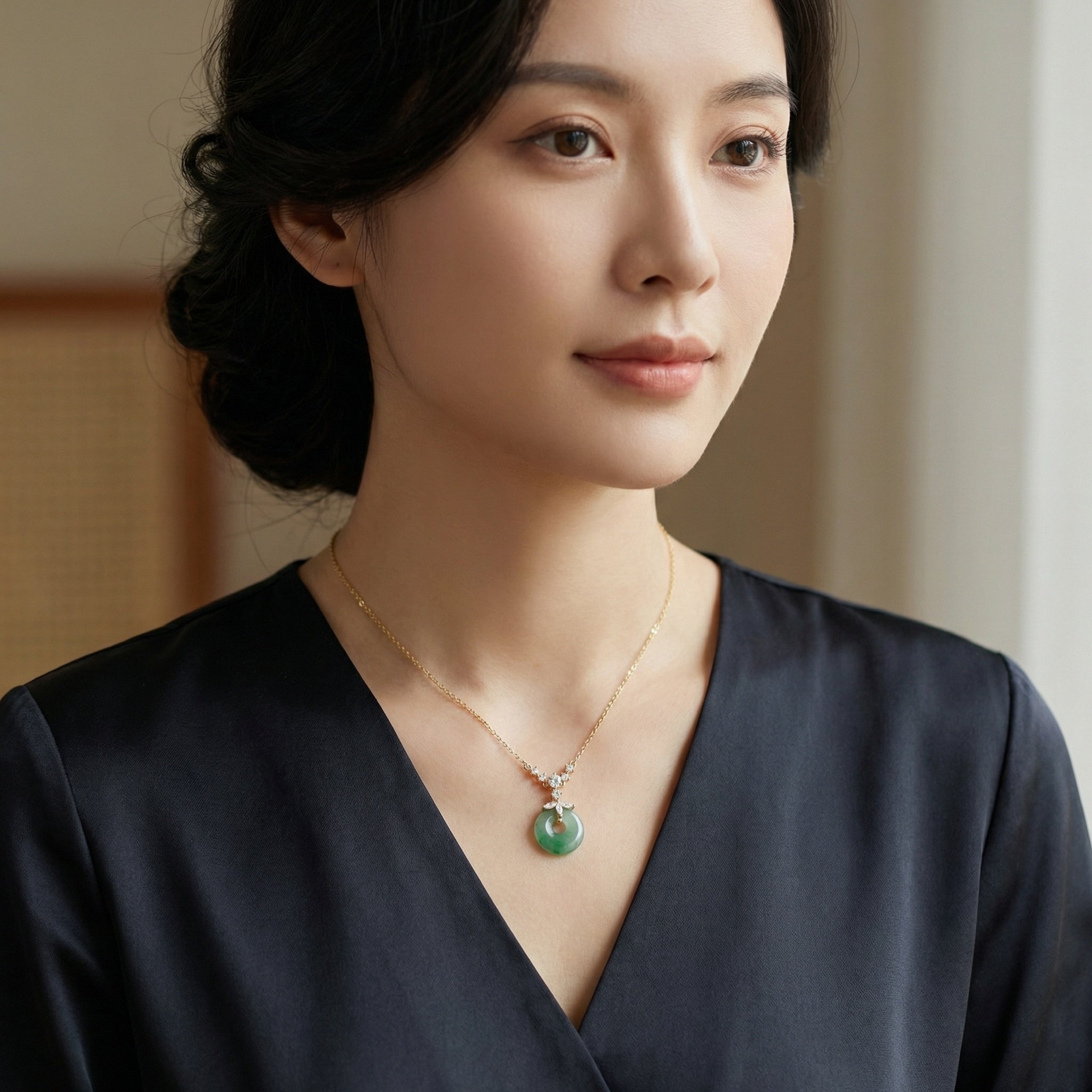 925 Sterling Silver Elegant Green Jade Donut Pendant Necklace