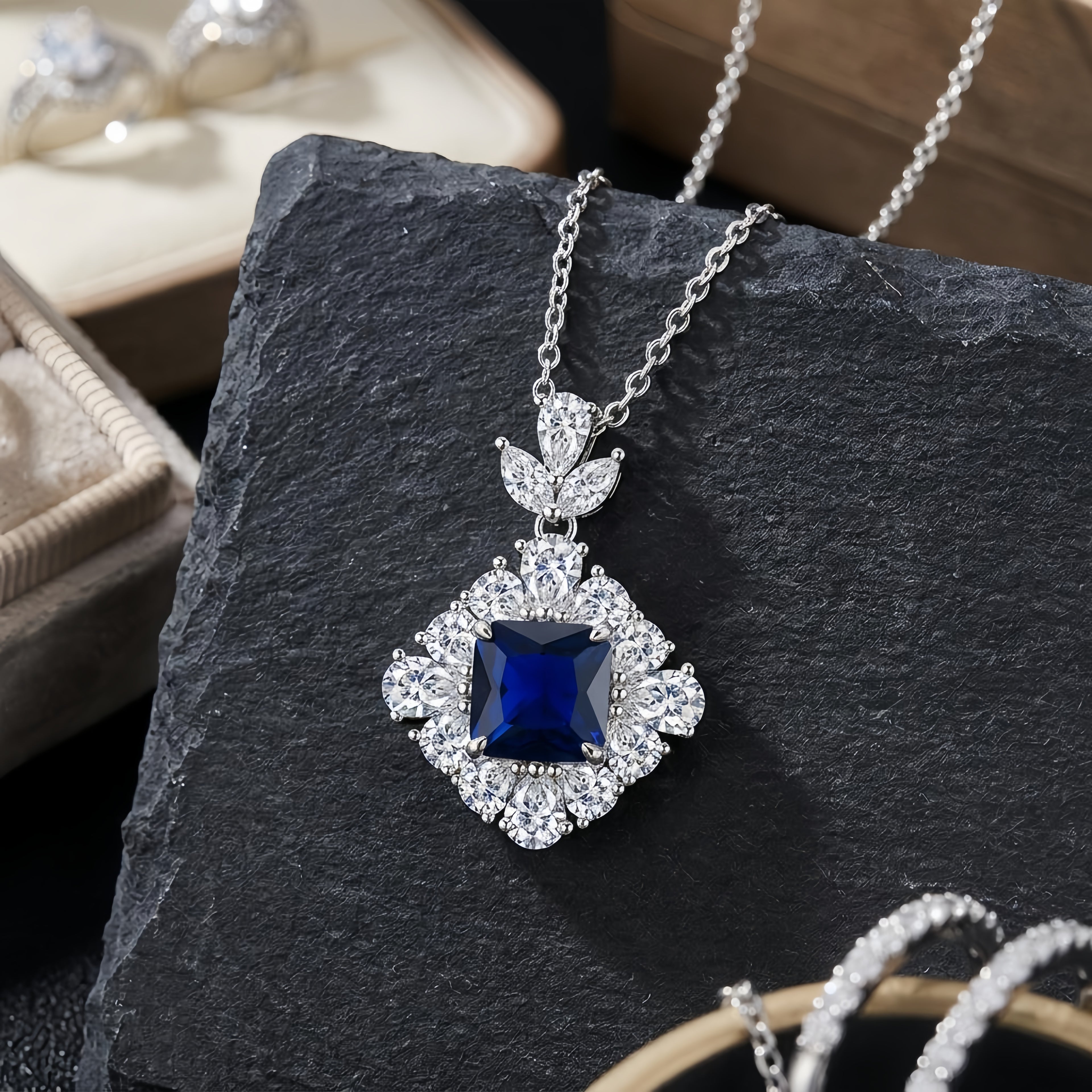 925 Sterling Silver Square-Cut Sapphire Necklace